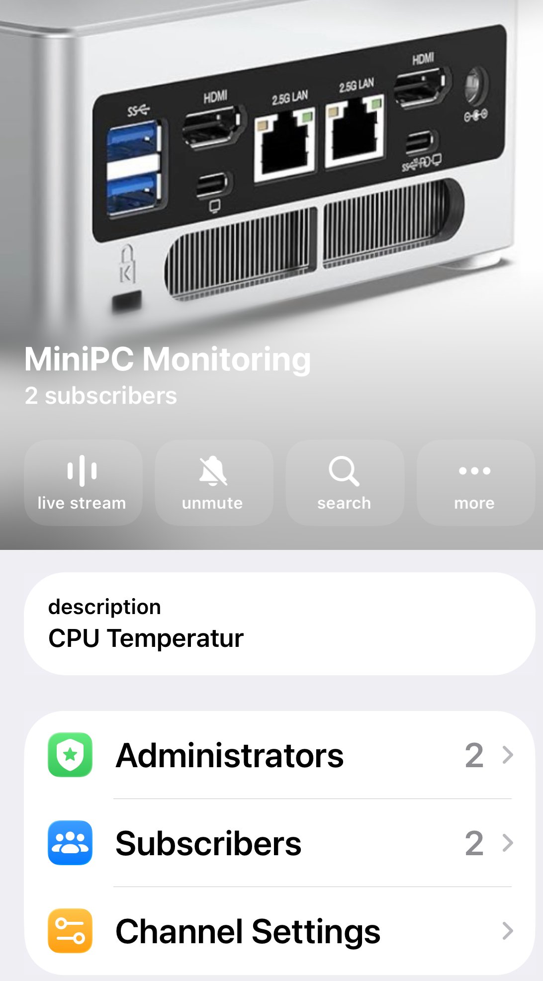 Telegram-Channel 'MiniPC Monitoring' mit NAB9-Hardware im Profil-Header