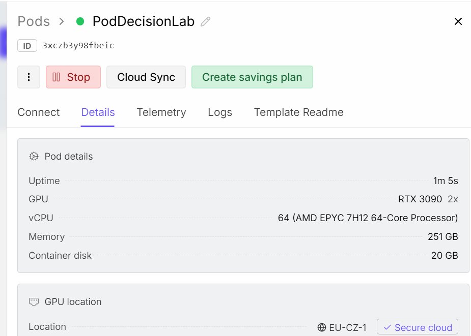 RunPod Pod-Konfiguration PodDecisionLab mit 2x RTX 3090, 64 vCPU AMD EPYC, 251 GB RAM